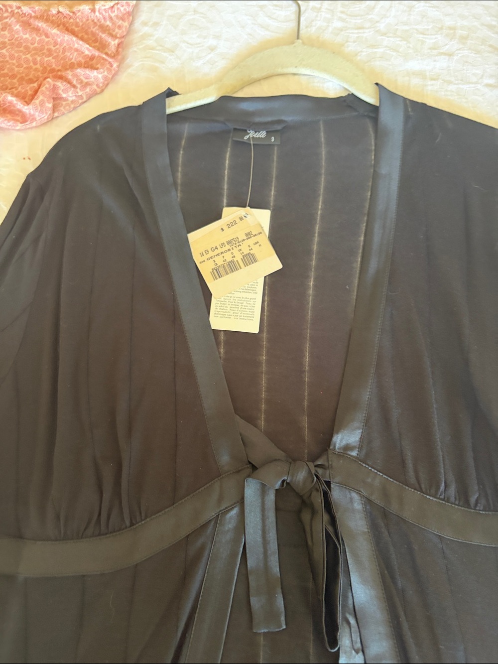 Women's Black Satin-Trim Tie-Front Robe